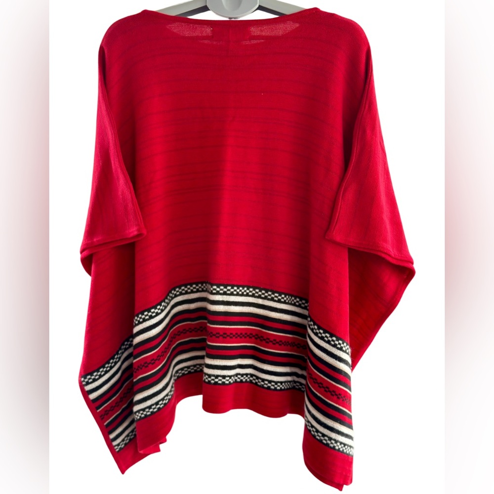 Jones New York Poncho Sweater Red Knit Boat Neck Striped Hem OS